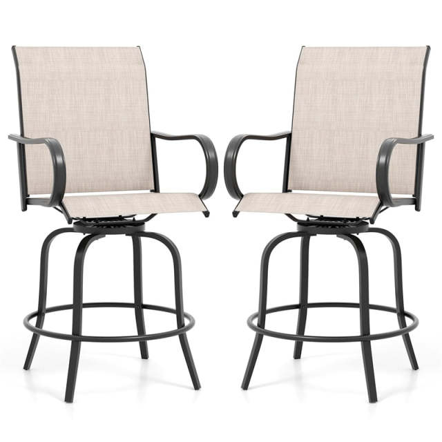 Outdoor Swivel Bar Stools Set of 2, All-Weather Steel Frame Bar Height Patio Chairs with Curved Armrests, High Back & Cozy Footrest