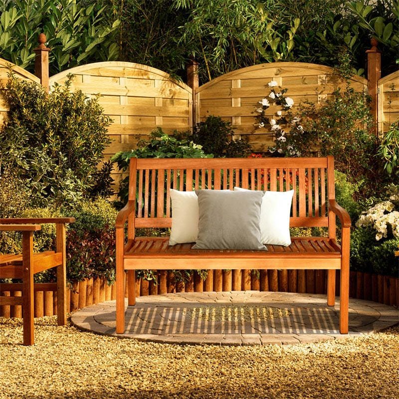 50" Solid Wood Garden Bench, 2-Person Outdoor Loveseat Bench with Curved Backrest & Wide Armrests for Patio, Porch & Poolside