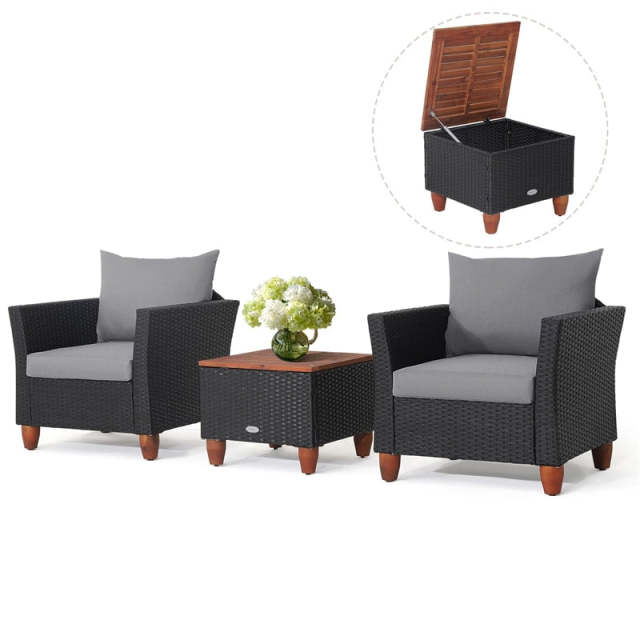 3PCS Patio Rattan Furniture Set Cushioned Sofa Chair Storage Coffee Table with Acacia Wood Top, Outdoor Wicker Conversation Set for Garden