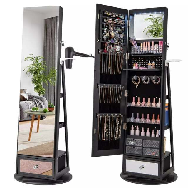 360° Swivel Jewelry Cabinet Armoire, Full-Length Mirror with LED Lockable Jewelry Organizer, Hairdryer Holder, Drawer, Rear Storage Shelves