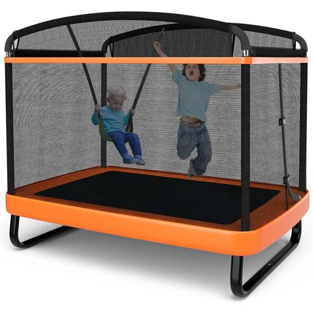 6FT Kids Trampoline with Swing & Safety Enclosure Net, ASTM Approved Indoor Outdoor Rectangle Trampoline for Boys & Girls, 220lbs Capacity