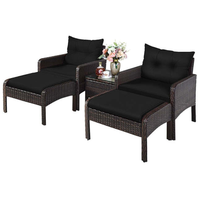 5 Pcs Rattan Patio Furniture Set Conversation Sofa Coffee Table Set with Cushioned Sofas & Ottomans