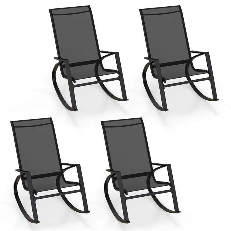 Outdoor Rocking Chairs Set of 4, Metal Frame Sling Fabric Patio Rockers with Ergonomic Backrest & Seat, Safe Stoppers for Backyard, Front Porch
