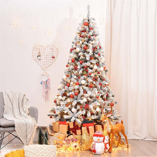 7.5FT Pre-Lit Artificial Christmas Tree, Premium Snow Flocked Hinged Xmas Tree with 450 LED Lights & Metal Stand for Indoor Outdoor Holiday Decor