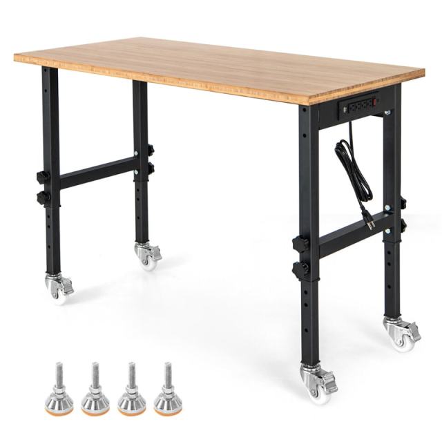 48" Heavy-Duty Mobile Workbench, Height Adjustable Work Table with Power Outlet, Removable Wheels, Bamboo Top for Garage Workshop, 2000 Lbs