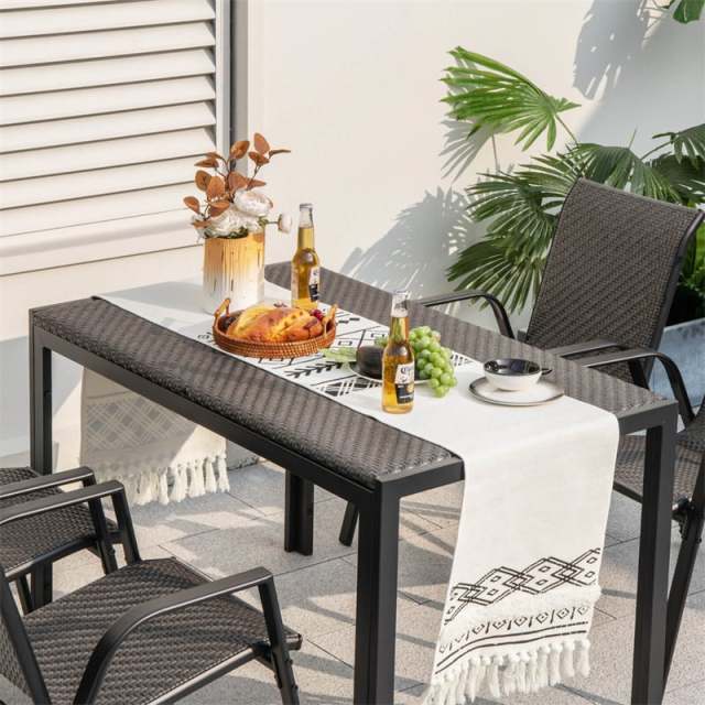 48" Patio Wicker Dining Table for 6 Rectangular Rattan Table Outdoor Dining Table with Heavy Duty Metal Frame for Backyard Front Porch
