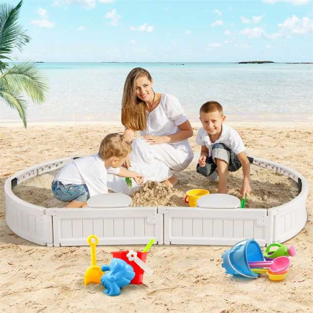 Kids Outdoor Sandbox 6FT Oval Sand Pit with Cover, 4 Built-in Corner Seats & Bottom Liner