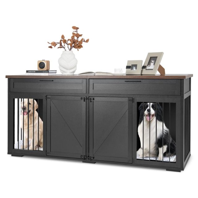 Large Double Dog Crate Furniture 72" Indoor Dog Kennel with Removable Room Divider, 2 Drawers & Doors for Medium Large Dogs
