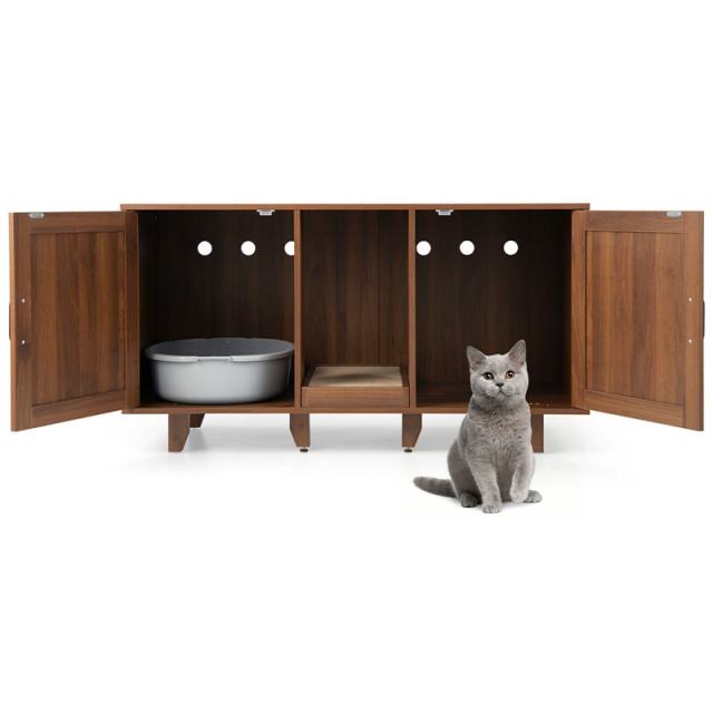 Double Cat Litter Box Enclosure, Large Hidden Cat Washroom Furniture with 2 Cabinets & Scratching Board, Cat House TV Stand Side Table