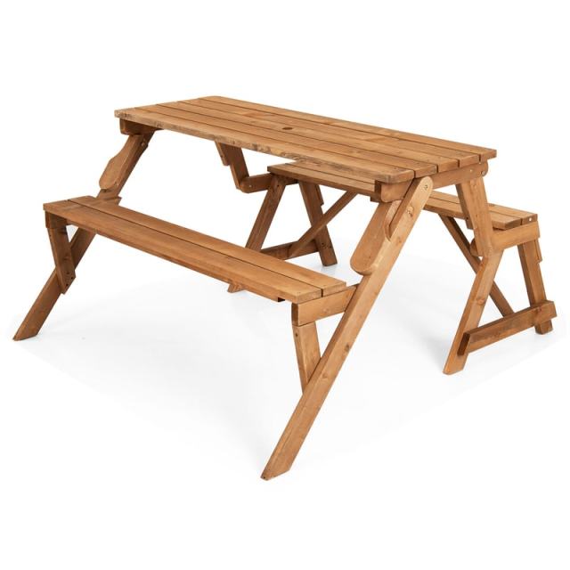 2-in-1 Convertible Wooden Picnic Table Garden Bench Set Folding Outdoor Dining Table with Umbrella Hole