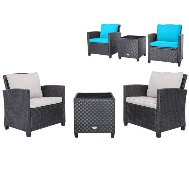 3 Piece Rattan Patio Conversation Furniture Set, Outdoor Wicker Sofa Chair Set with Coffee Table, Washable Cushions & 2-Set Covers