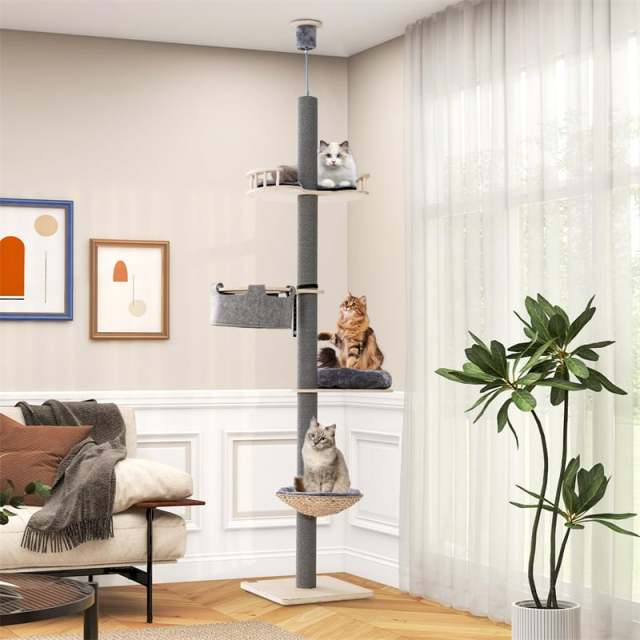 Floor to Ceiling Cat Tree Tower 5 Tier Wooden Cat Climbing Pole 93”-107” Adjustable Height with Scratching Post, Cozy Hammock & Basket Bed