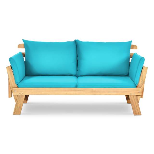 Outdoor Acacia Wood Convertible Sofa Daybed with Adjustable Armrests, Cushions & Pillows, Folding Patio Couch Sofa Bed for Porch Poolside
