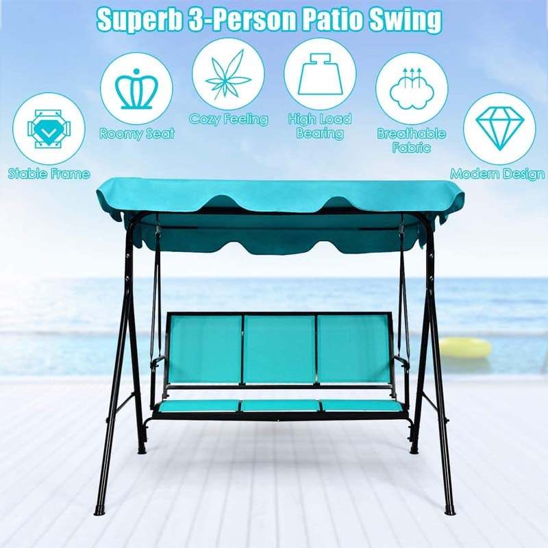 3-Person Outdoor Patio Swing with Adjustable Canopy & Steel Frame, Weather-resistant Porch Swing Bench for Garden, Yard, Poolside, Balcony