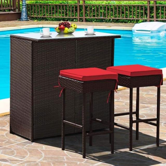 3-Piece Patio Rattan Wicker Bar Table Stool Set with Seat Cushions & Glass Top Table