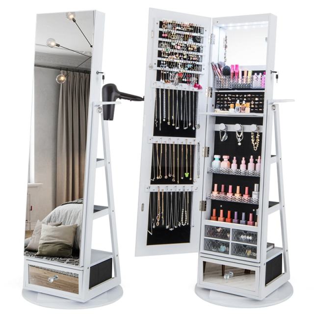 360° Swivel Jewelry Cabinet Armoire, Full-Length Mirror with LED Lockable Jewelry Organizer, Hairdryer Holder, Drawer, Rear Storage Shelves