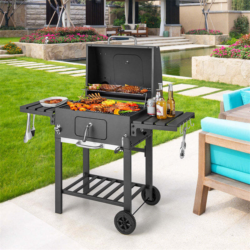24" Heavy Duty Charcoal Grill Outdoor BBQ Grill with 2 Foldable Side Tables, Storage Shelf & 2 Wheels for Picnic Party Camping Backyard