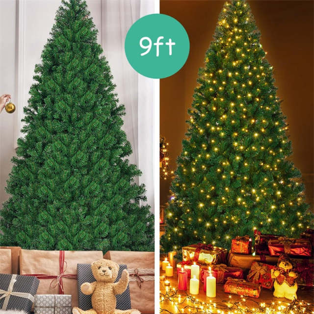 9ft Pre-lit Christmas Tree with 700 LED Lights, Solid Metal Stand, UL-Certified Transformer, Artificial Hinged Spruce Xmas Tree for Holiday Decor
