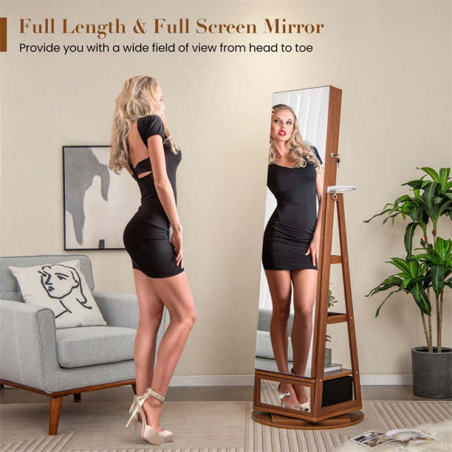 360° Swivel Jewelry Cabinet Armoire, Full-Length Mirror with LED Lockable Jewelry Organizer, Hairdryer Holder, Drawer, Rear Storage Shelves