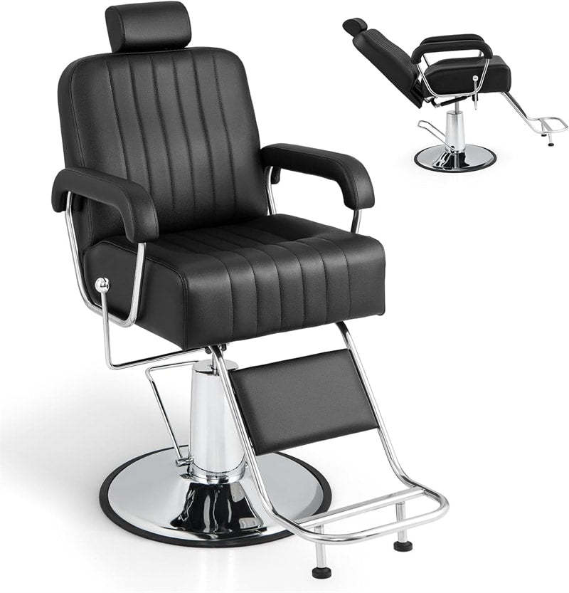 Heavy-Duty Hydraulic Barber Chair, Reclining Salon Chair with Adjustable Backrest & Headrest, 360° Swivel, 330LB Capacity for Beauty Salon/Tattoo Shop