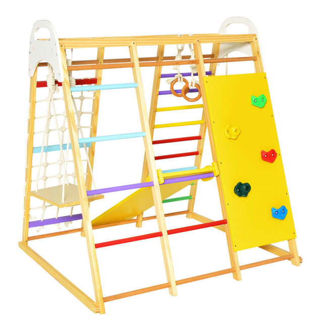 Indoor Jungle Gym for Kids, 8-in-1 Toddler Wooden Montessori Indoor Playground Climber Playset with Slide, Monkey Bars, Climbing Rock & Net
