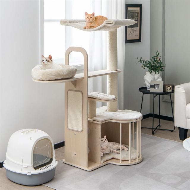 55" Tall Cat Tree Multi-Layer Wooden Cat Tower Activity Center with Hammock & Luxurious Cat Condo Plush Perch Cat Self Groomer