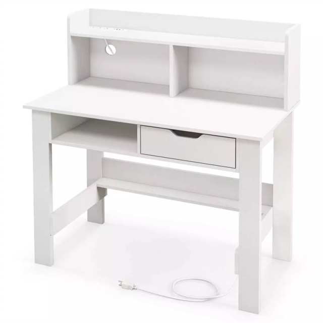 Computer Desk with Hutch, Power Outlets, USB/Type-C Ports, Open Shelf & Drawer, Space-Saving Modern Home Office Writing Desk for Bedroom