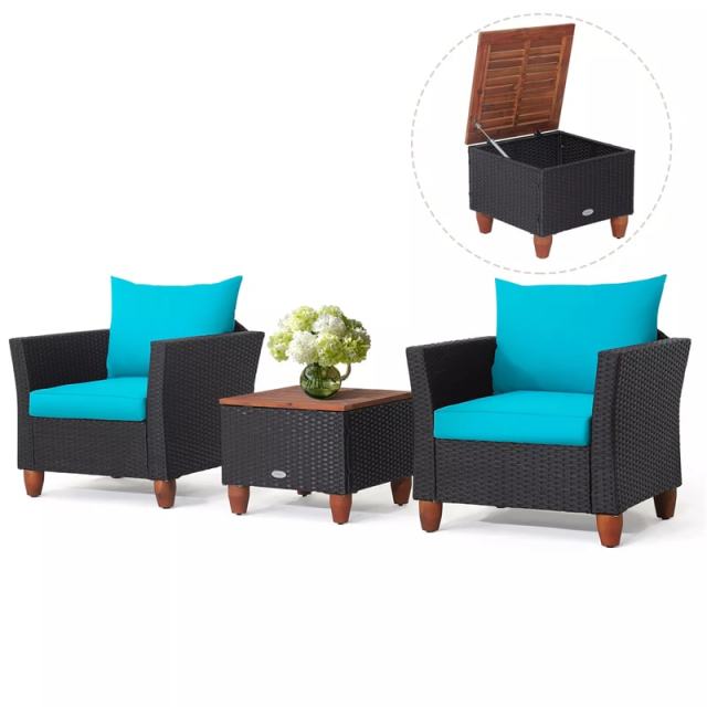 3PCS Patio Rattan Furniture Set Cushioned Sofa Chair Storage Coffee Table with Acacia Wood Top, Outdoor Wicker Conversation Set for Garden