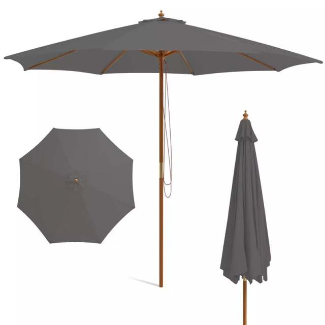 10FT Wooden Patio Umbrella with Rope Pulley Lift, 3 Height Adjustments, 8 Bamboo Ribs, Vented Roof Outdoor Table Umbrella for Poolside, Backyard