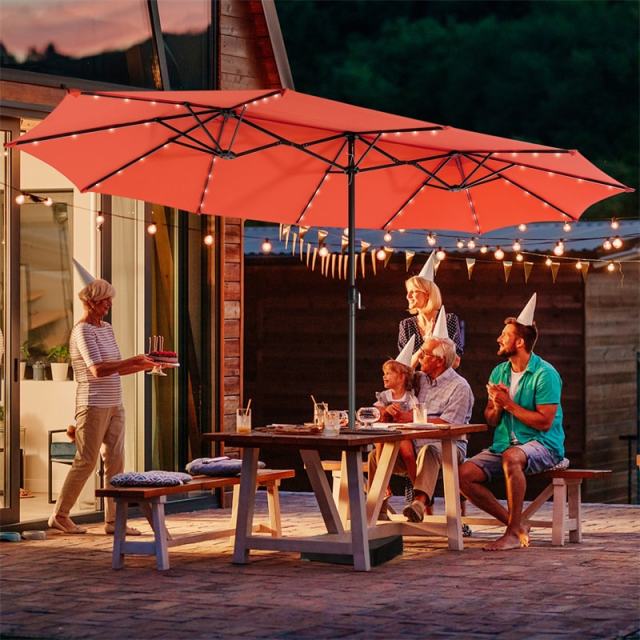 15FT Double-Sided Patio Umbrella with Base, 48 Solar LED Lights & Crank Handle, Extra Large Double Outdoor Umbrella for Poolside, Backyard