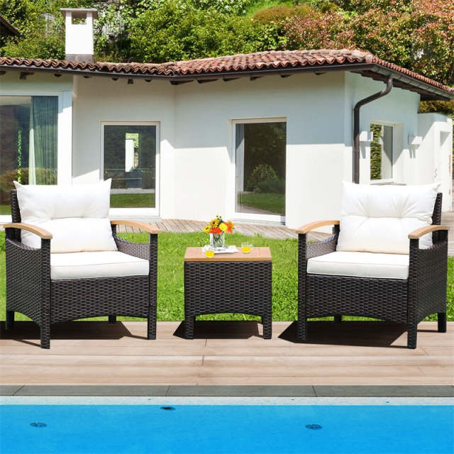 3PCS Patio Rattan Conversation Set Wicker Furniture Set with Cushioned Chairs, Acacia Wood Armrest & Table Top