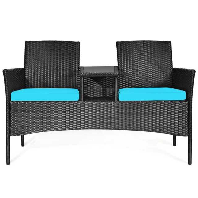 Modern Rattan 2-Seater Patio Furniture Set with Built-in Tempered Glass Table & Removable Cushions, Outdoor Furniture for Backyard, Garden