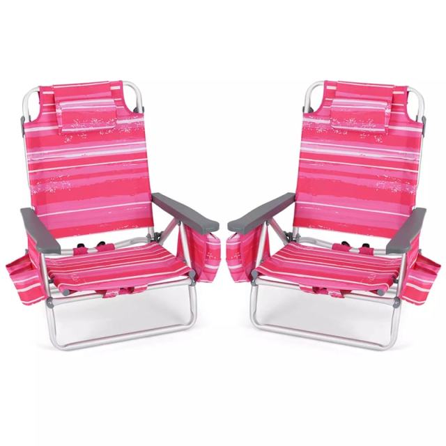 2 Pack Backpack Beach Chairs, Folding Camping Chairs 5-Position Reclining Beach Chairs with Armrests, Cooler Bag, Cup Holder, Side Pockets