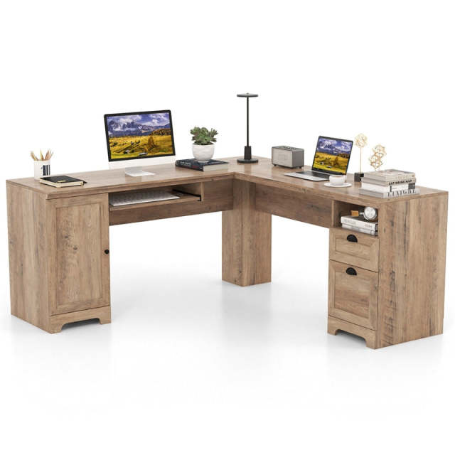 66" L-Shaped Office Desk, Modern Executive Corner Computer Desk with Power Outlets, Storage, Adjustable Shelf, Keyboard Tray for Working Writing