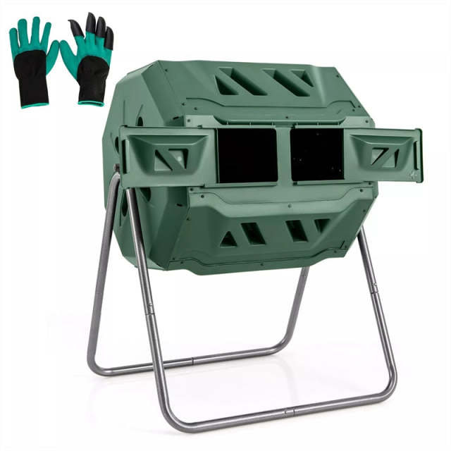 42-Gallon Dual Chamber Compost Tumbler, Rotating Outdoor Composter with Sliding Doors & Gloves, Metal Frame Compost Barrel for Garden Yard