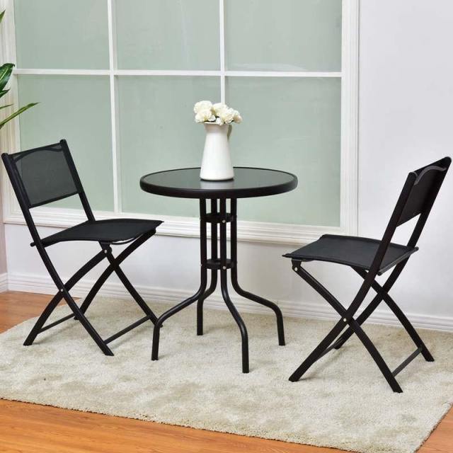 3 Pcs Folding Patio Bistro Set Conversation Set Round Coffee Table with Folding Chairs Set