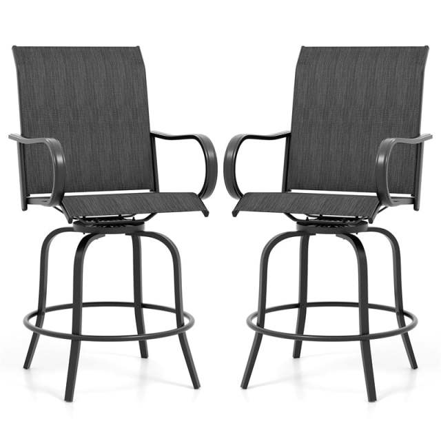 Outdoor Swivel Bar Stools Set of 2, All-Weather Steel Frame Bar Height Patio Chairs with Curved Armrests, High Back & Cozy Footrest