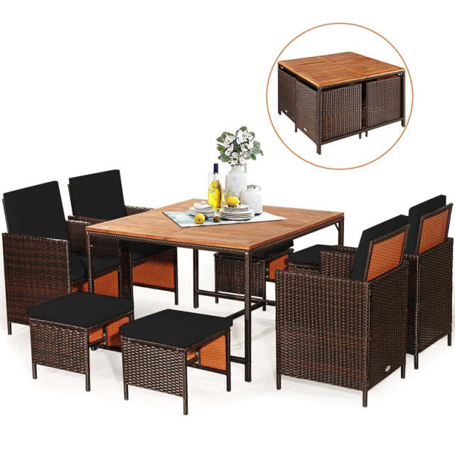 9-Piece Acacia Wood Rattan Patio Dining Set w/Cushioned Chairs, Ottomans & Umbrella Hole, Space Saving Outdoor Furniture for Backyard Garden