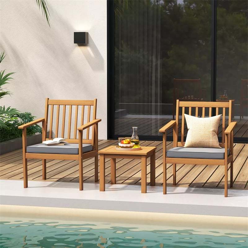 3 Pieces Patio Wood Furniture Set Acacia Wood Chairs & Coffee Table Set with Soft Seat Cushions & Slatted Design for Porch Yard Balcony