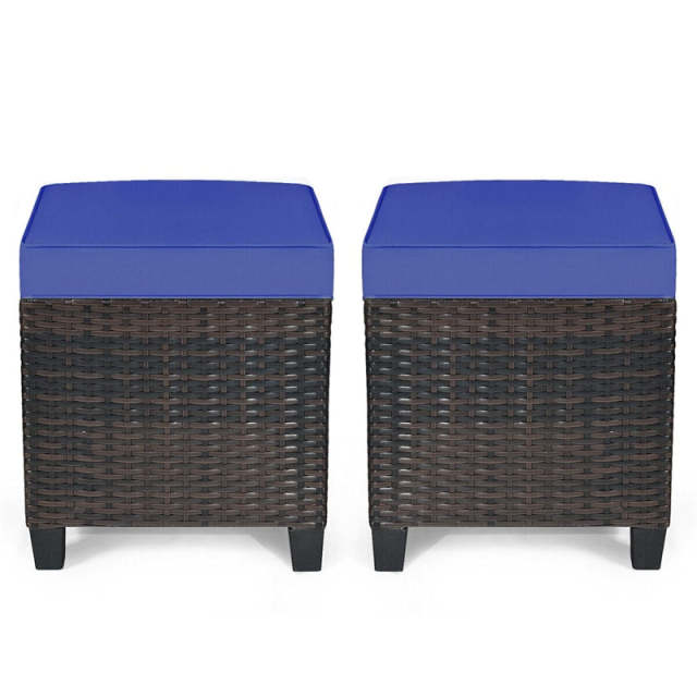 2 Pieces Rattan Patio Ottomans All Weather Outdoor Wicker Ottomans Footstools Footrests with Removable Cushions