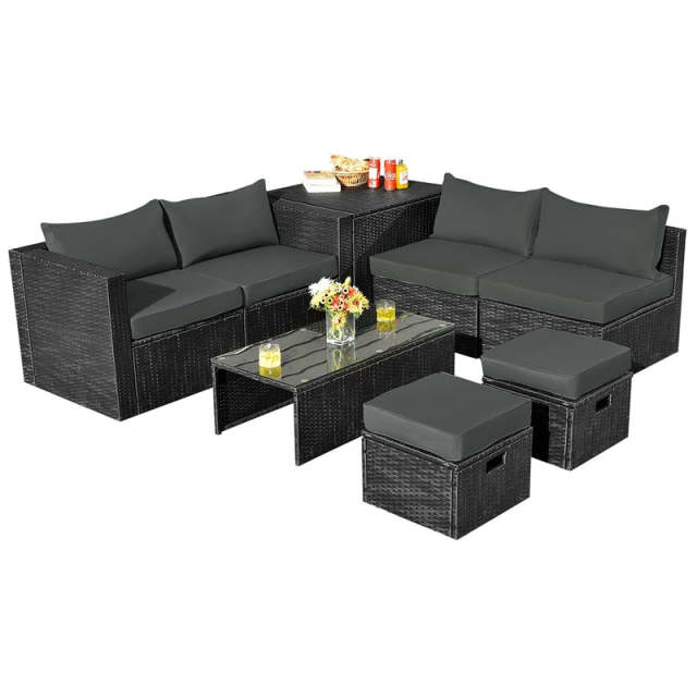 8PCS Wicker Outdoor Sectional Set, Patio Rattan Furniture Set with Storage Box, Coffee Table, Sofas, Ottomans, Cushions & Waterproof Cover