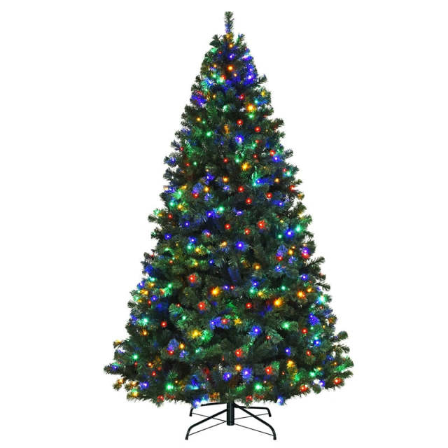 7.5FT Pre-Lit Artificial Christmas Tree, Premium Spruce Hinged Xmas Tree with 550 Multicolor LED Lights & Metal Stand, UL-Certified Transformer