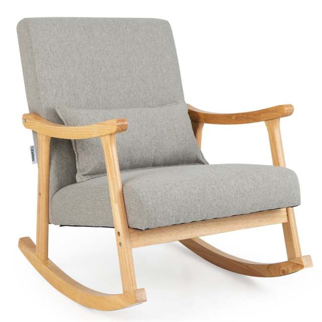 he3 Upholstered Rocking Chair with Rubber Wood Frame, Lumbar Pillow, Padded Seat & Backrest, Modern Rocker for Living Room, Bedroom, Nursery, Office