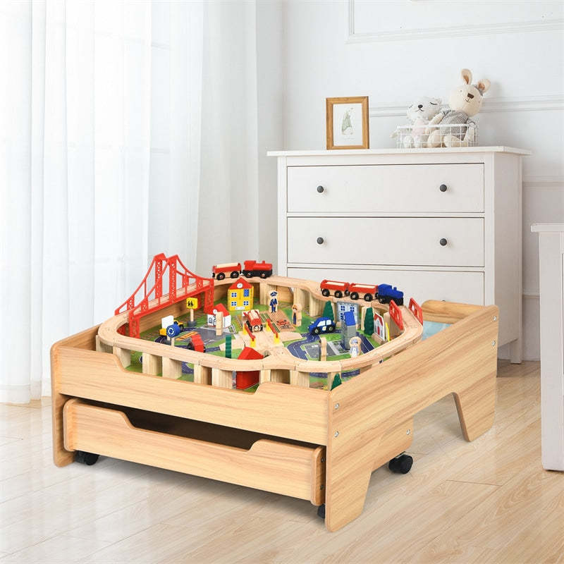 Wooden Kids Train Table with 100 Multicolor Pieces, Tracks & Storage Drawer, Activity Play Table Toddler Toy Train Table, Gift for Boys Girls h1