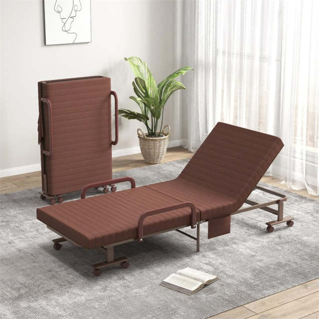 Folding Bed with Mattress, Portable Rollaway Guest Bed with Lockable Wheels, 6-position Adjustable Backrest & Side Storage Pocket, 660 LBS