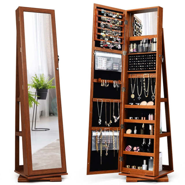360° Swivel Jewelry Cabinet Armoire with Full Length Mirror & Rear Storage Shelves, Standing Lockable Jewelry Organizer Inside Makeup Mirror