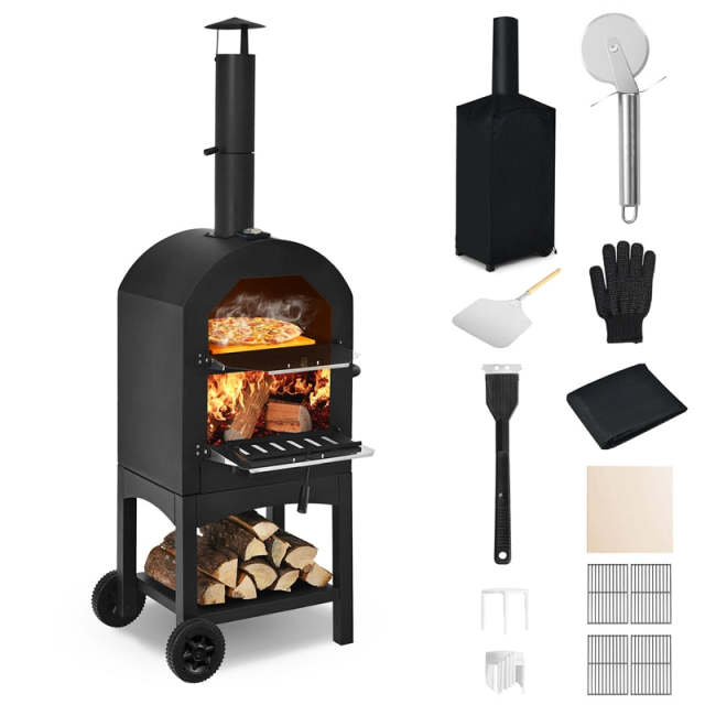 Outdoor Pizza Oven 2-Layer Wood Fired Pizza Oven with Wheels, Built-in Thermometer, Pizza Stone, Waterproof Cover, Portable Pizza Maker for BBQ Picnic