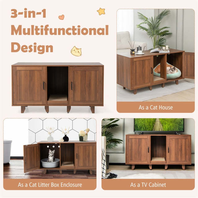 Double Cat Litter Box Enclosure, Large Hidden Cat Washroom Furniture with 2 Cabinets & Scratching Board, Cat House TV Stand Side Table