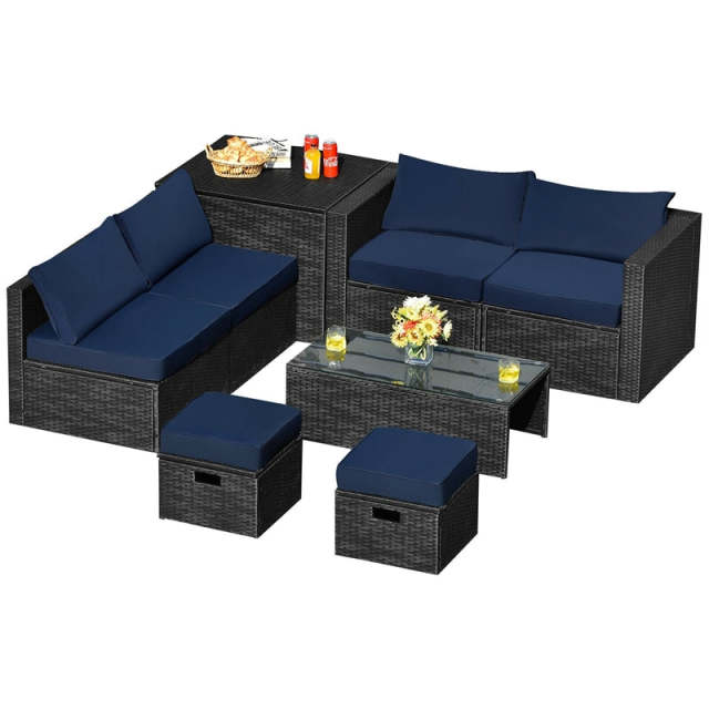 8PCS Wicker Outdoor Sectional Set, Patio Rattan Furniture Set with Storage Box, Coffee Table, Sofas, Ottomans, Cushions & Waterproof Cover