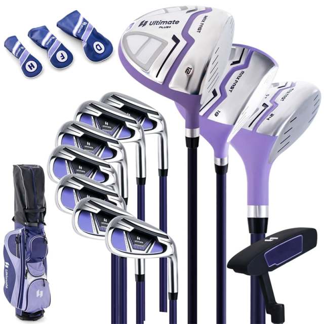 12 Pieces Women’s Complete Golf Club Set Right Hand, Golf Club Package Set with 460CC #1 Driver, Putter, Portable Golf Cart Bag & Rain Hood
